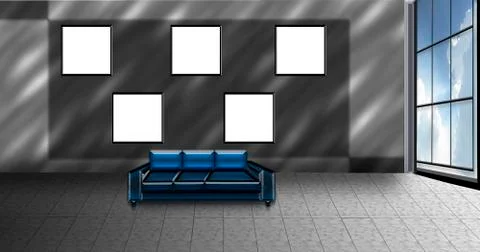 3d rendered interior of a room with nothing but five empty frames or posters Stock Illustration
