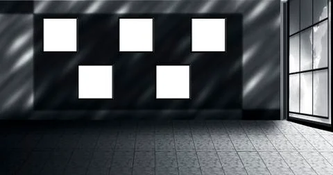 3d rendered interior of a room with nothing but five empty frames or posters Illustrazione stock