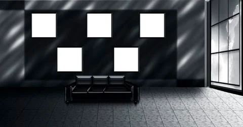 3d rendered interior of a room with nothing but five empty frames or posters  Stock Illustration