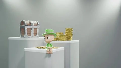 3d rendered leprechaun character sitting on podium with pile of gold coins .. Stock Footage 337680912