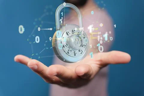 A 3D rendered lock with binary code hovering over a man’s palm - secure sys Foto stock