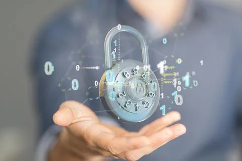 A 3D rendered lock with binary code hovering over a man’s palm - cybersecur Foto stock