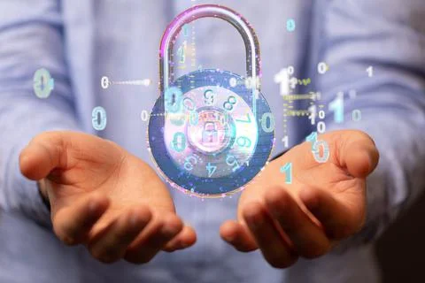 A 3D rendered lock with binary code hovering over a man’s hands - cybersecu Stockfoto's