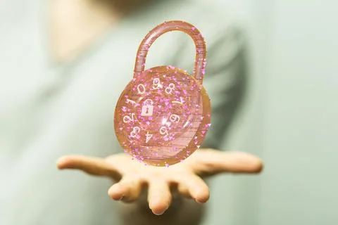 3D rendered lock hovering over a man’s hands - cybersecurity concept Stock Photos