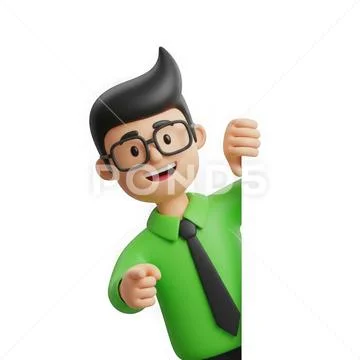 3d rendered man in green shirt holding sign isolated on white background PSD 템플릿