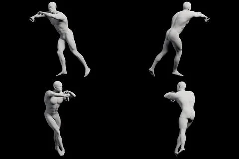 3D rendered mannequin figure model reaching pose multiview collage Stock Illustration