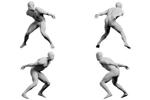 3D rendered mannequin running pose multiview collage Stock Illustration