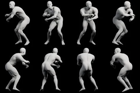 3D rendered mannequin uprock dance pose multi-view collage Stock Illustration