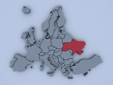 3D rendered map of Europe with bright colors focused on Ukraine Stock Illustration