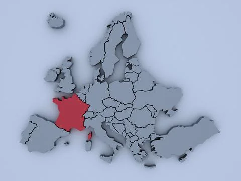 3D rendered map of Europe with bright colors focused on France Stock Illustration