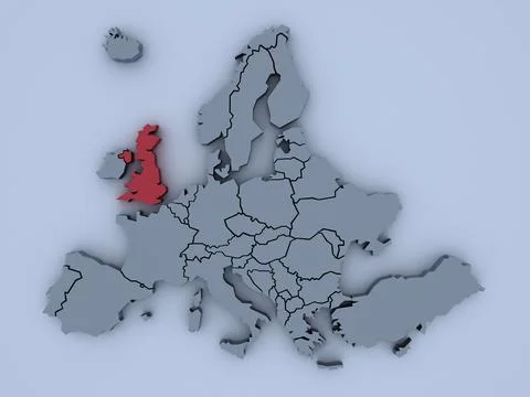 3D rendered map of Europe with bright colors focused on United Kingdom Stock Illustration