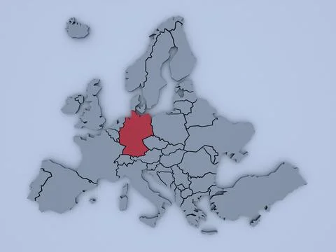 3D rendered map of Europe with bright colors focused on Germany Stock Illustration