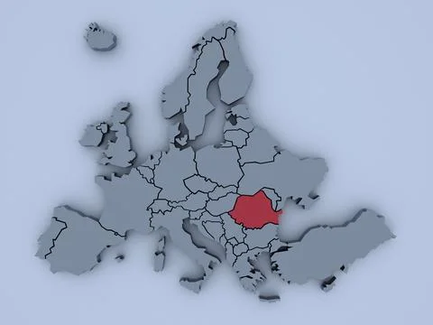 3D rendered map of Europe with bright colors focused on Romania Stock Illustration