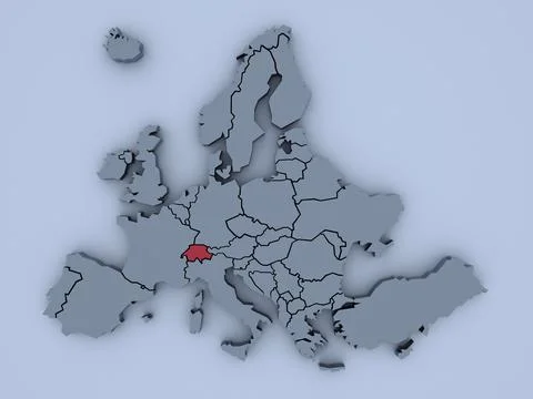 3D rendered map of Europe with bright colors focused on Switzerland Stock Illustration