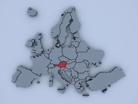 3D rendered map of Europe with bright colors focused on Austria Stock Illustration