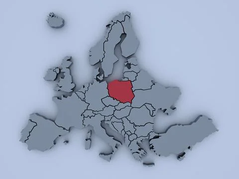 3D rendered map of Europe with bright colors focused on Poland Stock Illustration