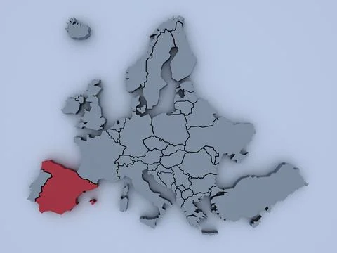 3D rendered map of Europe with bright colors focused on Spain Stock Illustration