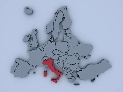 3D rendered map of Europe with bright colors focused on Italy Stock Illustration