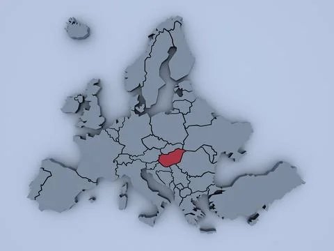 3D rendered map of Europe with bright colors focused on Hungary Stock Illustration