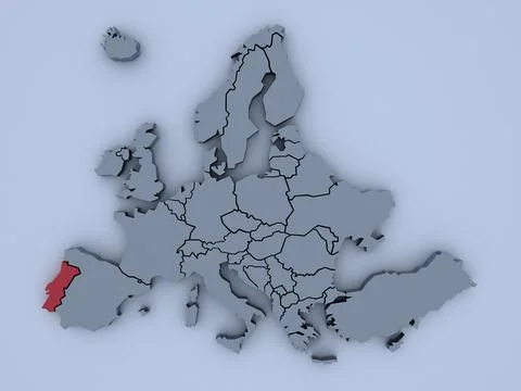 3D rendered map of Europe with bright colors focused on Portugal Stock Illustration