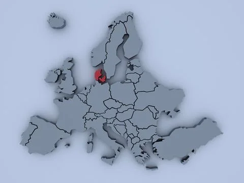 3D rendered map of Europe with bright colors focused on Denmark Stock Illustration