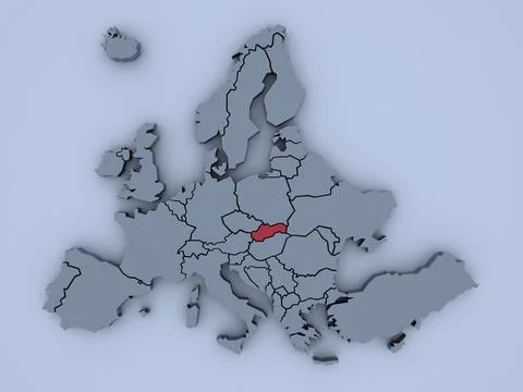 3D rendered map of Europe with bright colors focused on Slovakia Stock Illustration