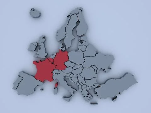 3D rendered map of Europe with bright colors focused on France and Germany Stock Illustration