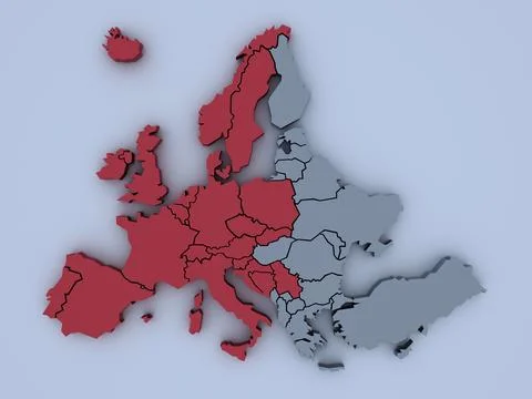 3D rendered map of Europe with bright colors focused on East and West Stock Illustration