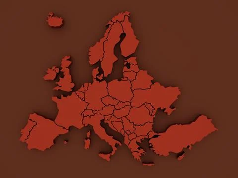 3D rendered map of Europe with bright red colors, which means warning Stock Illustration