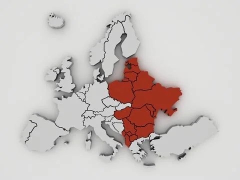 3D rendered map of Europe with bright colors focused on East Stock Illustration