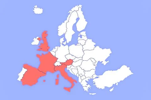 A 3D rendered map of Europe in white, focused on the red countries. 3D render Stock Illustration