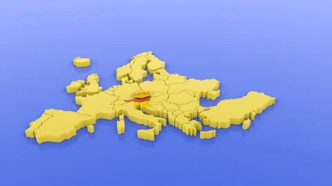 A 3D rendered map of Europe in yellow, focused on Austria in red with a map s Stock Footage 143173377