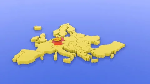 A 3D rendered map of Europe in yellow, focused on Germany in red with a map s Stock Footage 143173381