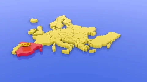 A 3D rendered map of Europe in yellow, focused on Spain in red with a map sti Stock Footage 143173384