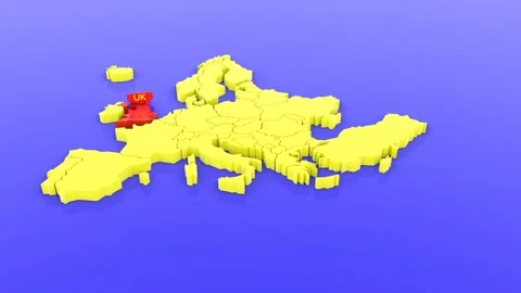 A 3D rendered map of Europe in yellow, focused on UK in red with a map sticke Stock Footage 143173389