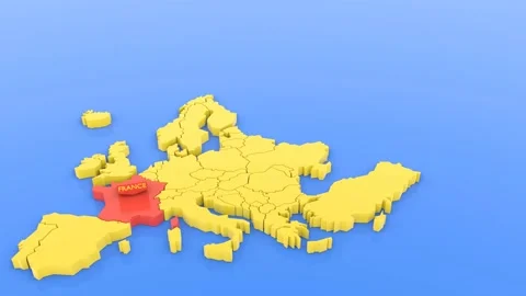 A 3D rendered map of Europe in yellow, focused on France in red with a map st Stock Footage 143173395