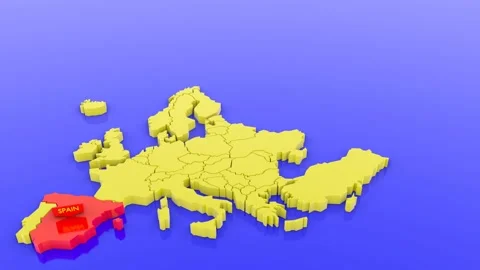 A 3D rendered map of Europe in yellow, focused on Spain in red with a map sti Stock Footage 143173401