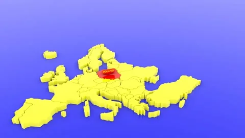 A 3D rendered map of Europe in yellow, focused on Poland in red with a map st Stock Footage 143173404