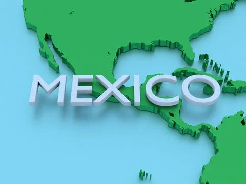 A 3D rendered map of middle america in green focused on Mexico Stock Illustration