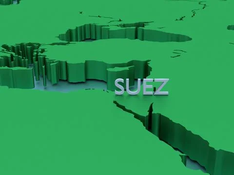 A 3D rendered map of middle east in green focused on Suez Stock Illustration
