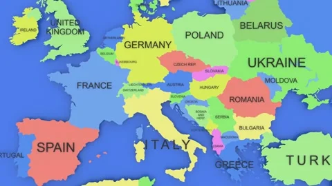 A 3D rendered map of World moving Europe to Switzerland. 3D rendered illustra Stock Footage 147669689