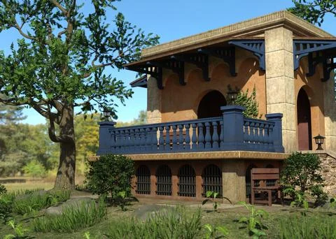 3D Rendered Mediterranean Style House with Balcony Ilustración de archivo