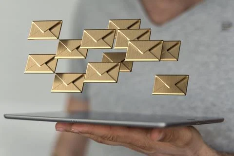3D rendered message icons on a tablet in male's hand in the background Stock Photos