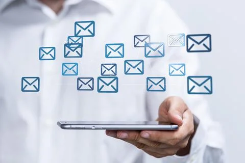 3D rendered message icons on a tablet in male's hand in the background Stock Photos