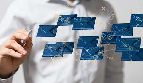 3D rendered message icons touched a male in the background Stock Photos