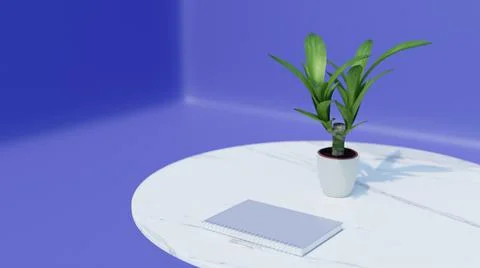 A 3D rendered minimalistic workplace with a notebook and potted plant on a wh Stock Illustration