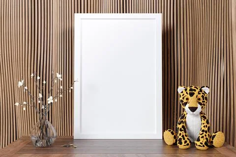 3d rendered mock up picture frame and stuffed toy animal and a flower vase. Stock Illustration