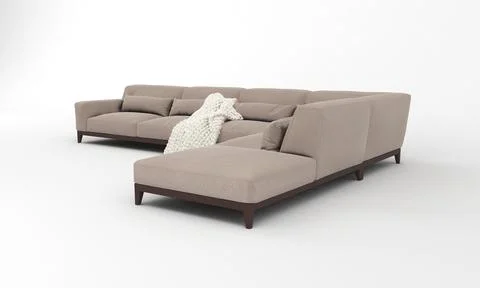 A 3D rendered modern corner sofa of light brown with a blanket on it on a whi Stock Illustration