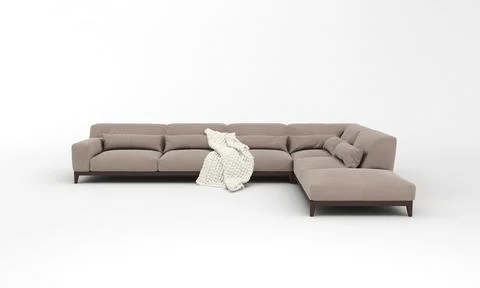 A 3D rendered modern corner sofa of light brown with a blanket on it on a whi Ilustração Stock