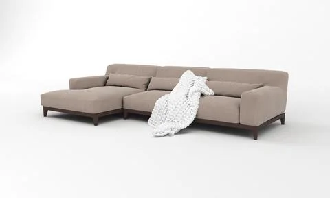 A 3D rendered modern corner sofa of light brown with a blanket on it on a whi Stock Illustration